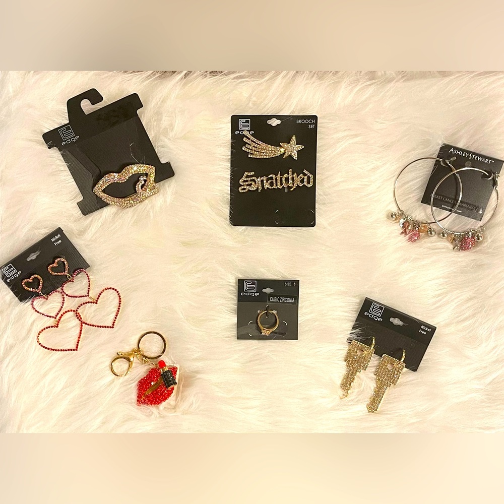 Bundle of Seven Two Brooches, Three Earrings, One Keychain, One Ring
